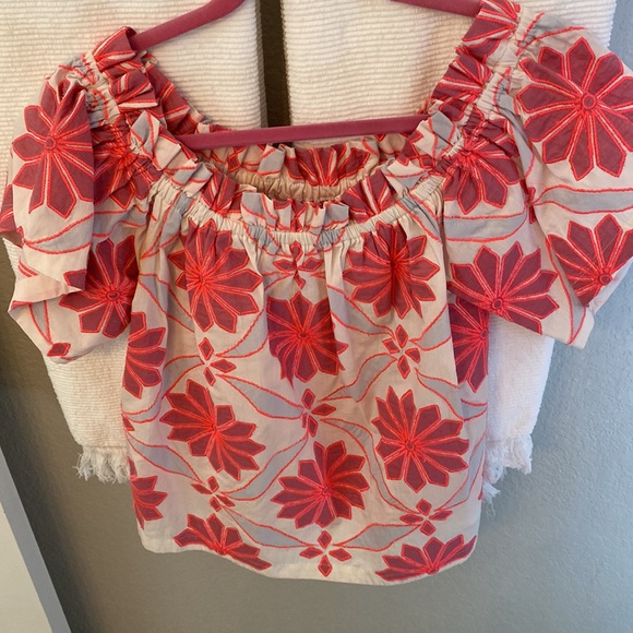 Anthropologie Maeve Embroidered Off-The-Shoulder Blouse Pink - Picture 2 of 5